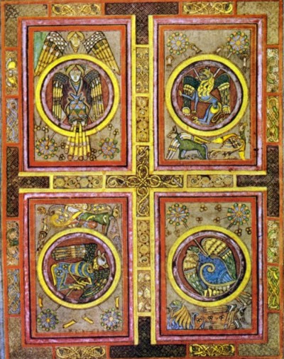 Evangelisten-Symbole (Markusevangelium) 129 v, vgl. mit den Evangelistensymbolen in der erzbischflichen Kapelle in Ravenna